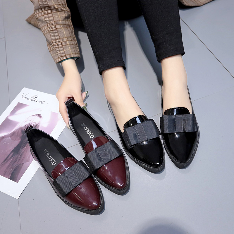 Women'S Shoes Loafers Black - Schwarze/Weinrote Lackleder-Spitzschuhe, Slipper mit Schleifenknoten, Vielseitige