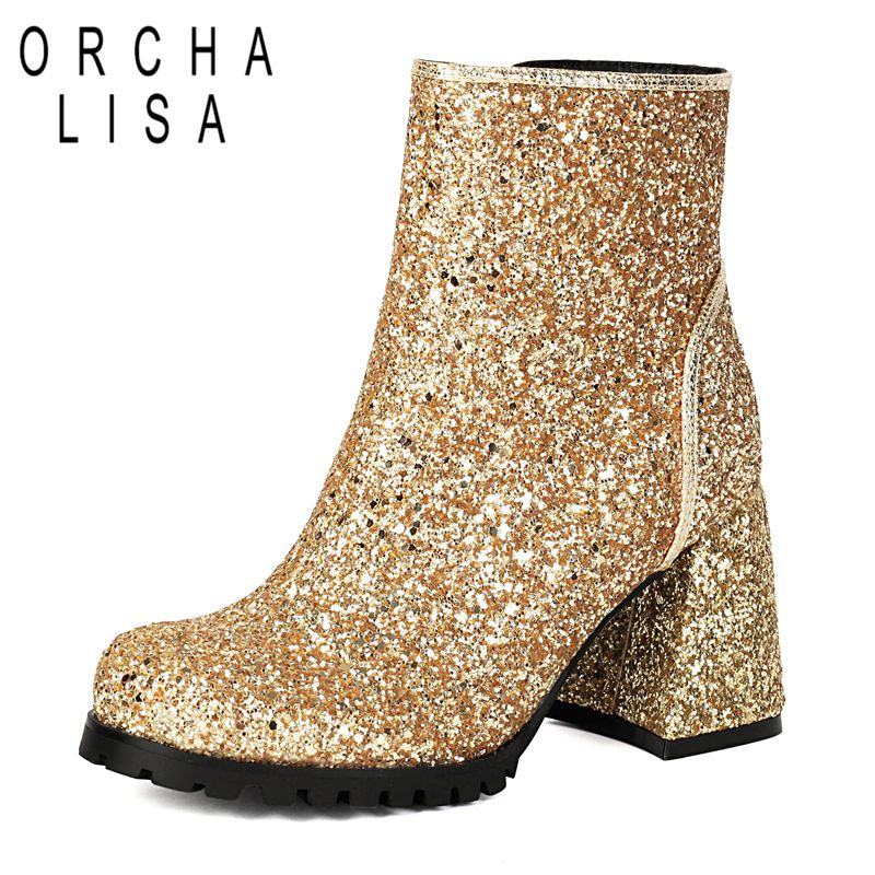 Women'S Shoes Extended Sizes - ORCHALISA Designer Funkelnde Damen-Knöchelschuhe Runde Zehenkappe