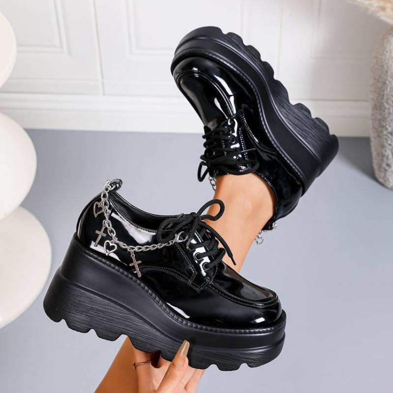 Women'S Shoes Loafers Black - Schwarze glänzende Schnür-Plateau-Lederschuhe für Damen, höhenverstärkende